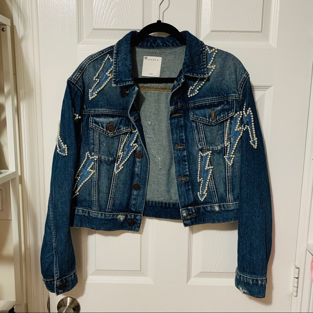 SANDRO Pearl Studded Embellished Lightning Denim Jean Jacket